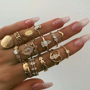 NEW 15pcs Gold Ring Set - Faith, Protection, Cross & Fatima’s Palm Vintage Style